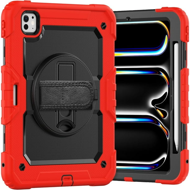 Funda para iPad Pro de 11 pulgadas (M4) 5.ª generación 2024, funda protectora resistente a los golpes con protector de pantalla, soporte giratorio de 360°, correa para mano/hombro