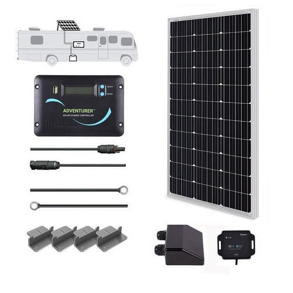 Renogy 100 Watts 12 Volts Monocrystalline Solar RV Kit off-Grid Kit with 30A PWM LCD Controller   Mounting Brackets   Male and Female Connectors   Solar Cables   Cable Entry housing
