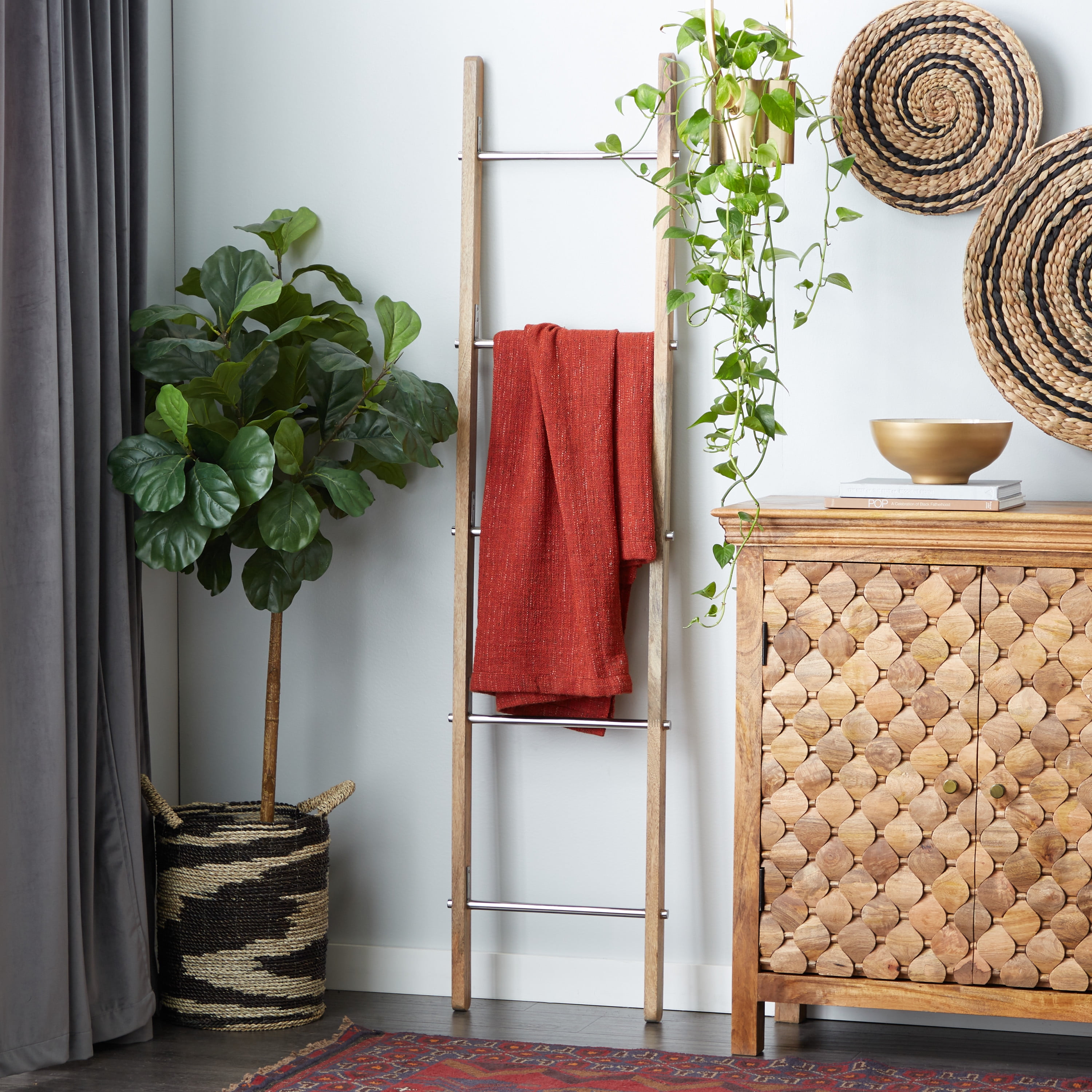 DecMode 72" x 17" Brown Mango Wood Contemporary Ladder