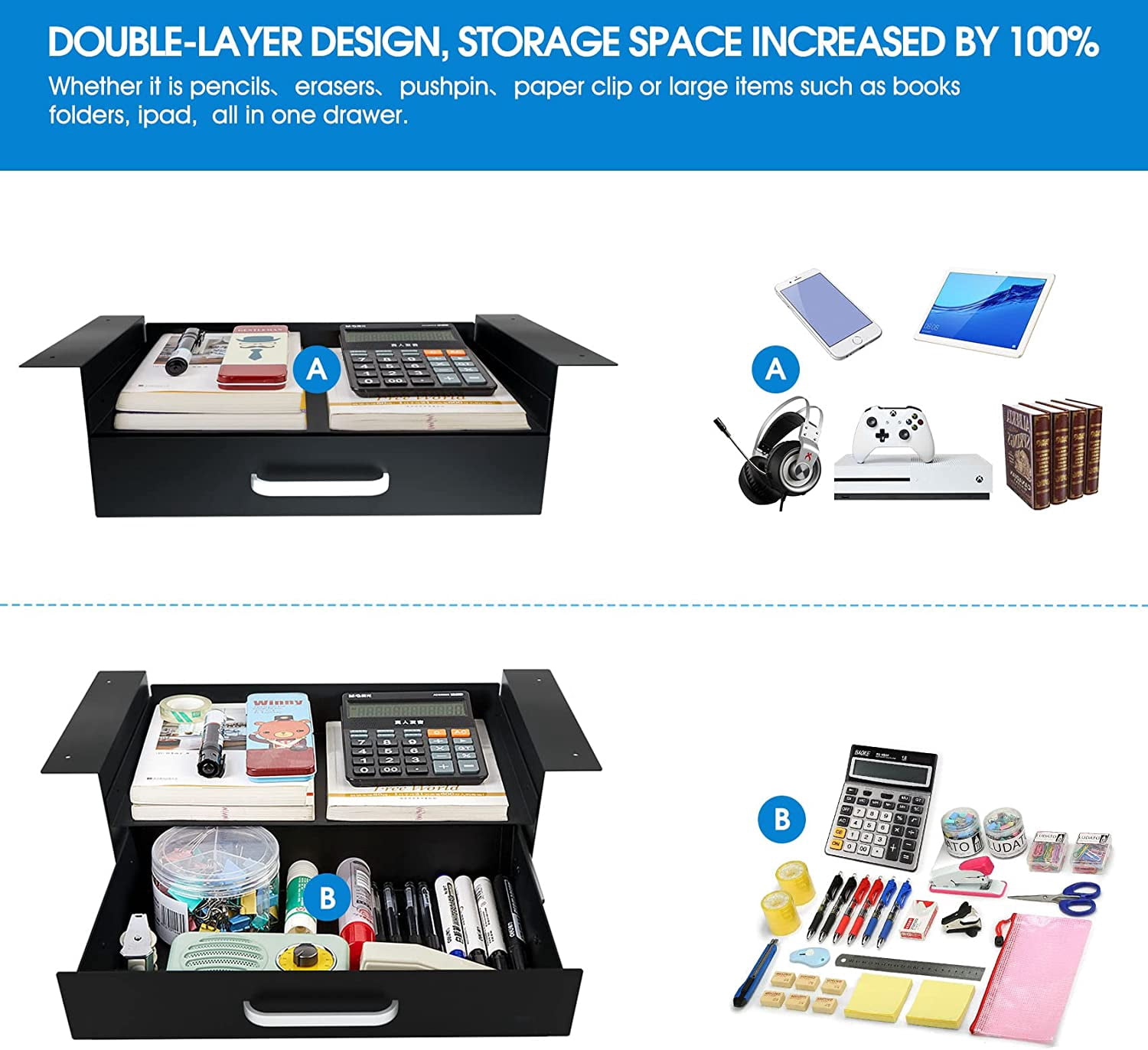 Under Desk Drawer Storage with Laptop/Book/Folders Shelf, Double Layer Easy Slide-Out Undermount Drawer Organizer with Ball Sliding Track for Home Office Sit-Stand Workstation