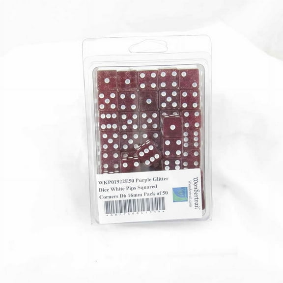 Purple Glitter Dice with White Pips Squared Corners D6 16mm (5/8in) Pack of 50 Wondertrail