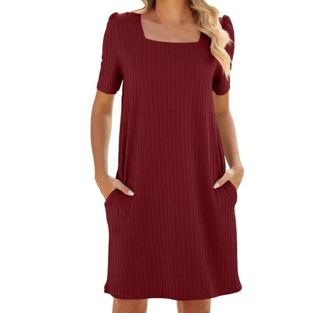 Vestidos de Mujer con Mangas Color Sólido Cuello Redondo Frenum Manga Corta, Falda de Algodón Casual para Primavera Verano