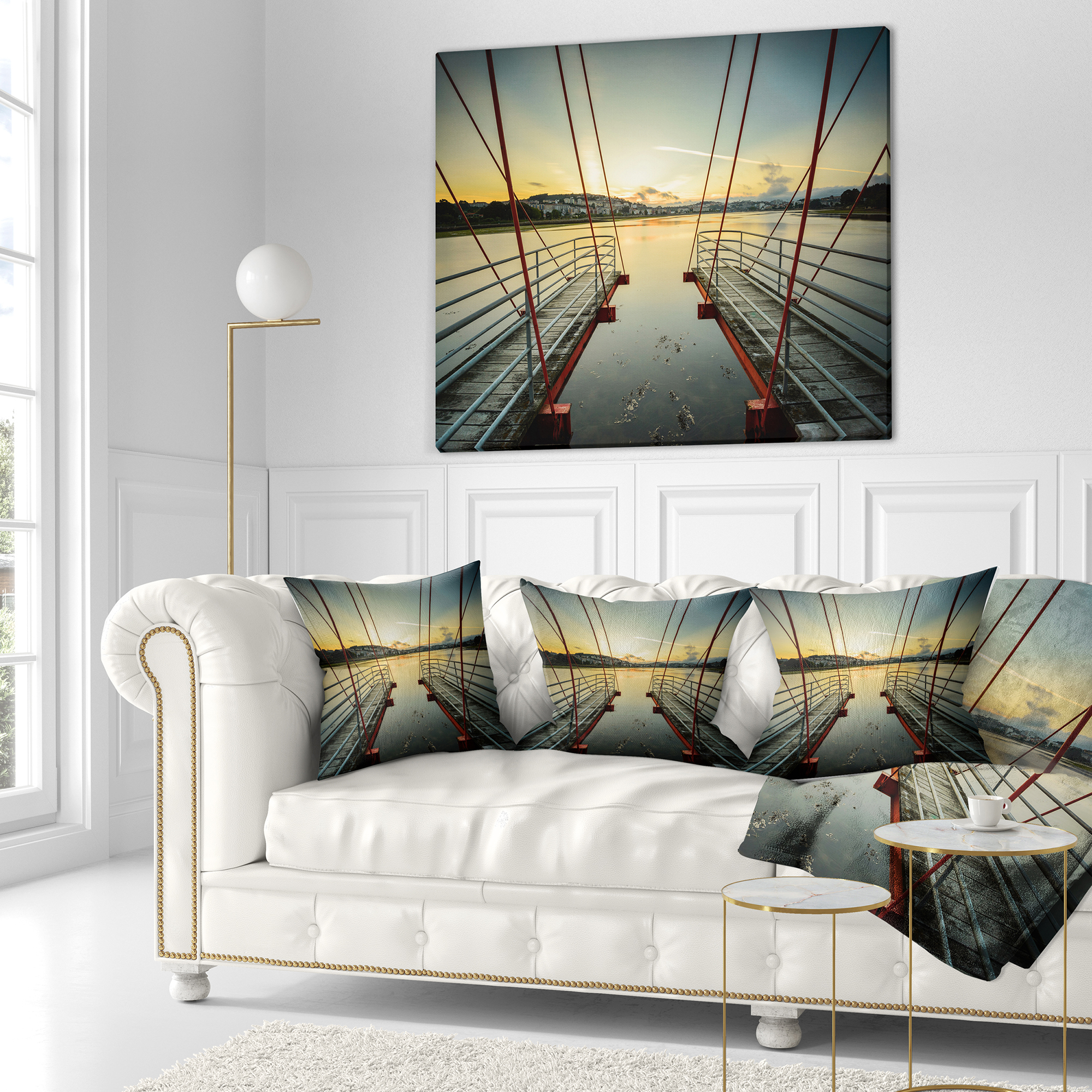 Designart Wooden Piers for Boats in Spain - Seashore Photo Throw Pillow - 18x18