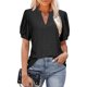 thumbnail image 1 of Puff manga blusa V cuello hueco color puro slim fit manga corta blusa casual para mujer negro L, 1 of 5