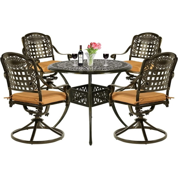 VIVIJASON 5-Piece Outdoor Patio Dining Set, All-Weather Cast Aluminum Conversation Set, Patio Furniture Set for Balcony Lawn Garden, Include 4 Swivel Cushioned Chairs, 1 Round Table w/Umbrella Hole