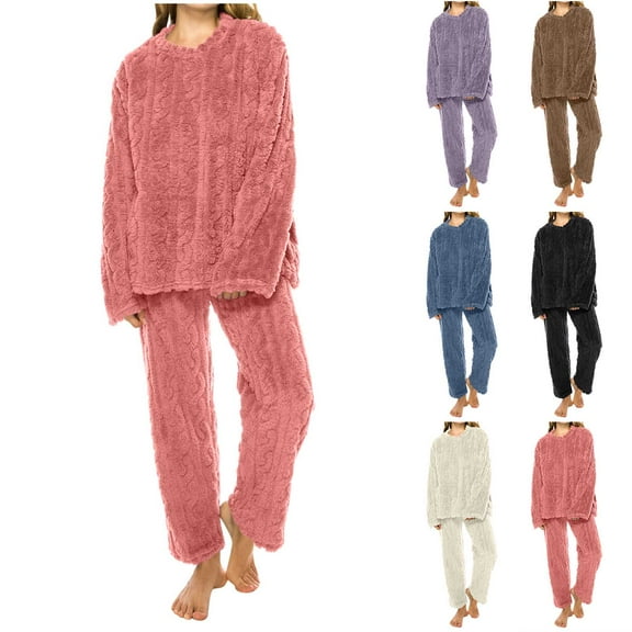 Xuniizn Fluffy Fleece Pajamas for Women Set Soft Cozy Loose Pajamas Set Plush 2 Piece Sleepwear for Fall Winter Clothes