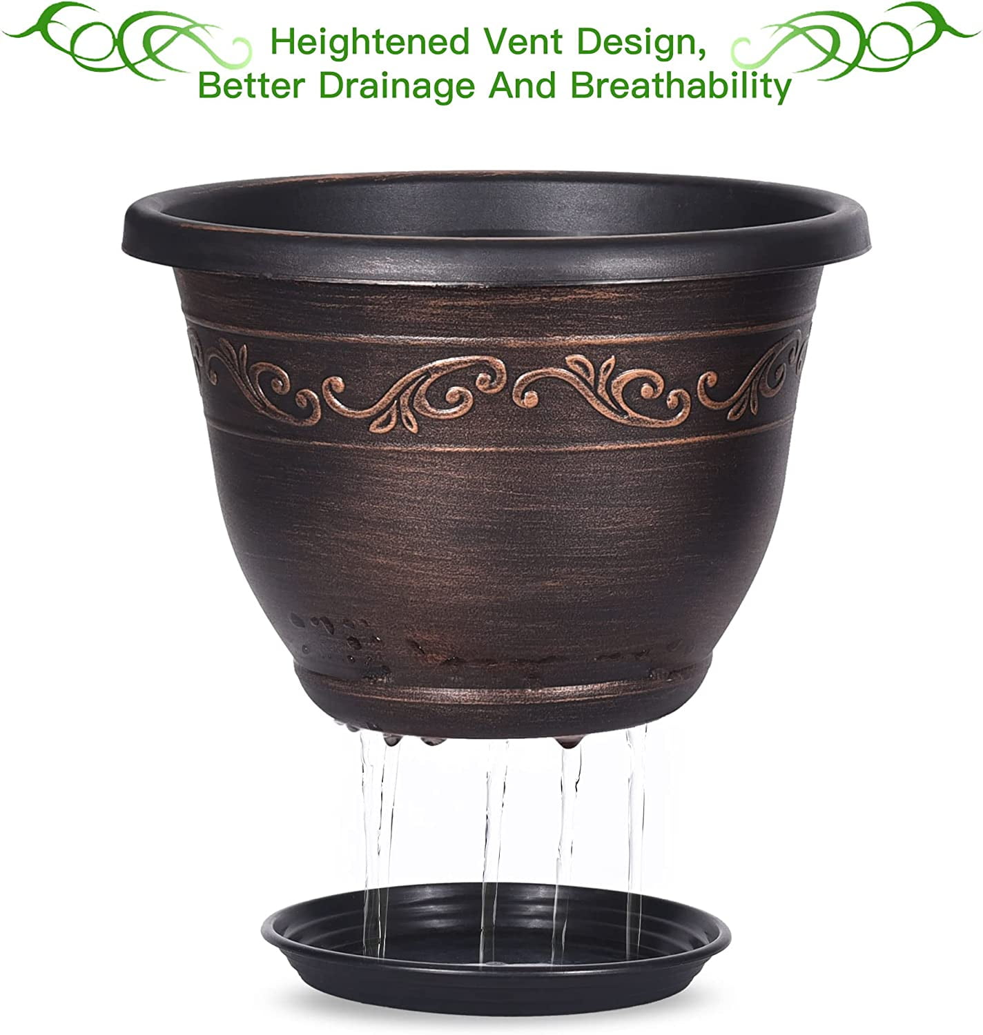8 inch Plastic Flower Pot with Drainage Hole, Pots for Plants (6 Pack)