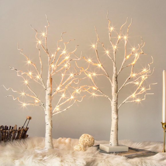 White Birch Tree With Led Lights - Set Of 2, Led Tabletop Tree With Timer, Christmas Decorations Lighted Tree For Indoor Mantel Home Decor (2 Ft, 24 Led)