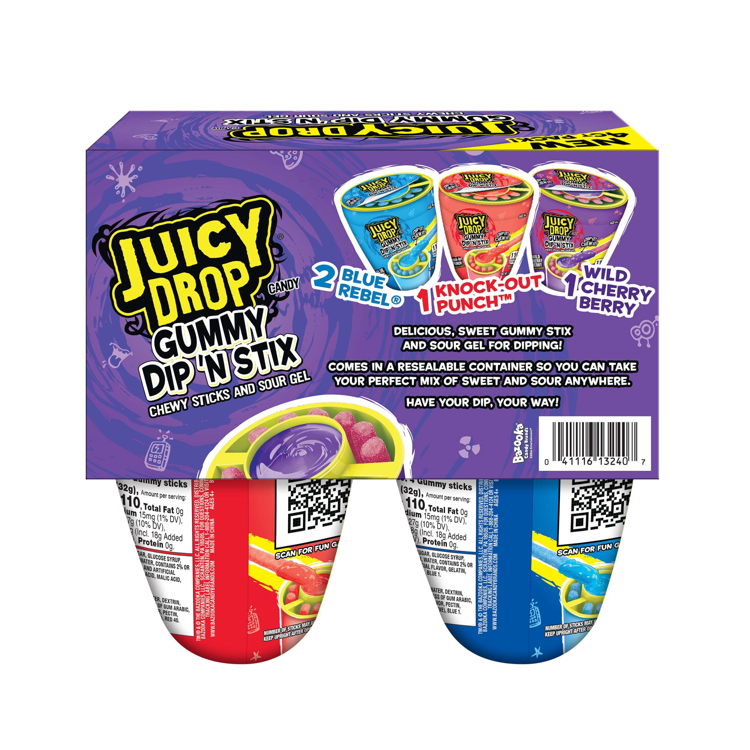 Juicy Drop, Gummies Dip 'N Stix, Gluten-Free, Fruit Flavored, Gummy Candy, Variety Pack, 13.6 oz, 4 Count Pack