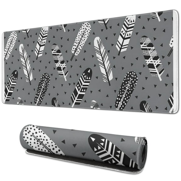Long Mouse Pads for Desk,Gray Boho Tribal Feathers Pattern Desk Mats on Top Of Desks, Desk Mouse Pad Extra Large with 3mm Non-Slip Base and Stitched Edge for Gaming,Office,Work,Home 31.5"x11.8"