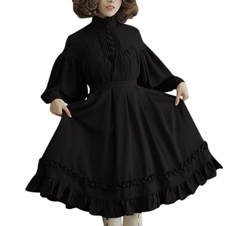 Clearance gldaond Babydoll Dresses for Women Halloween Trendy Solid Color Long Sleeve Loose Stand Collar Lace Lantern Sleeve Cute Small Dress