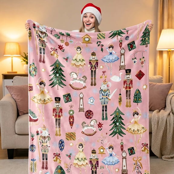 Pink Nutcracker Xmas Throw Blanket for Couch or Bed, Soft Flannel Warm Washable Decor Cover for Daily Use.