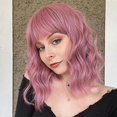 thumbnail image 1 of Women Short Curly Wigs With Bangs Pink Wavy Hair Fancy Party Cosplay Wigs, 1 of 5