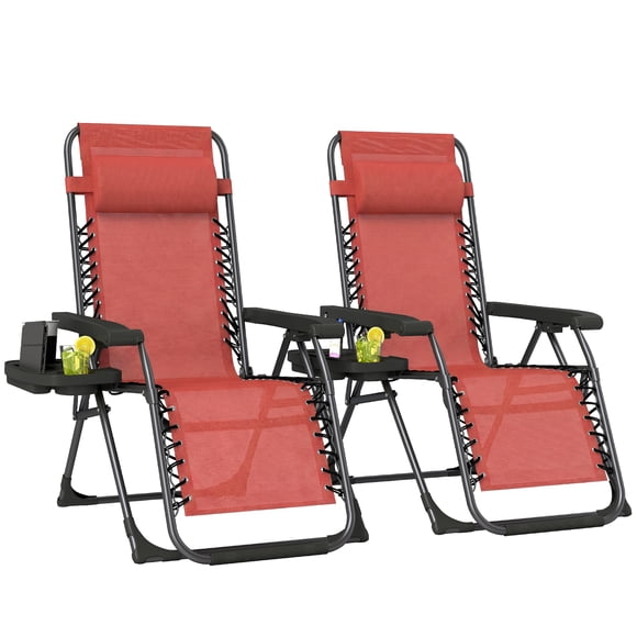 Outsunny Zero Gravity Chair Set of 2 with Cup Holder, Headrest, Wine Red