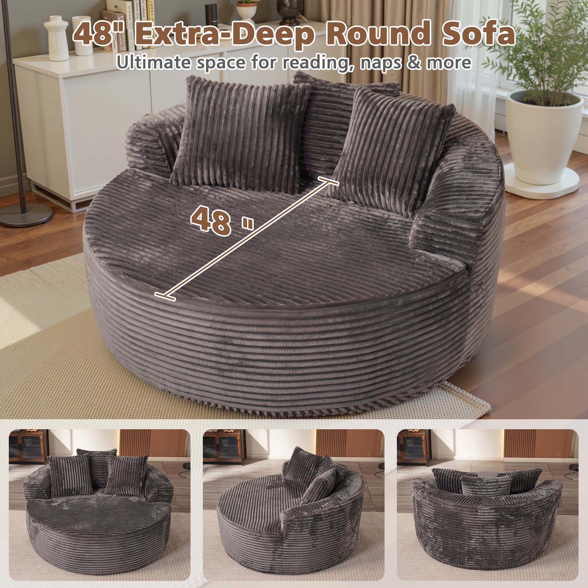 Ovios 58" Oversized Lounge Chair Round Cloud Deep Seat Accent Chair Plush Corduroy Boneless Sofa Chair for Living Room, Gray