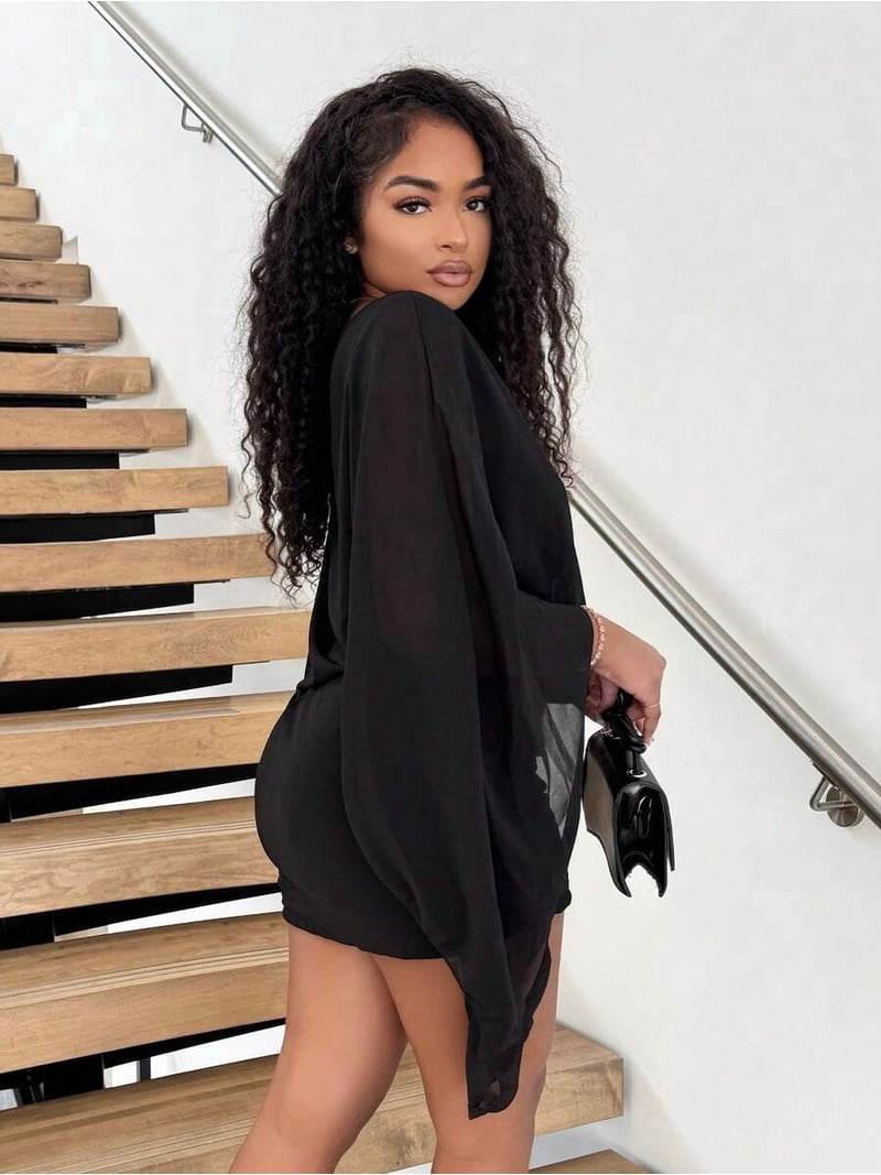 black mini dress with cape Cape Overlay Ruched Detail Mini Dress In Black | EGO US