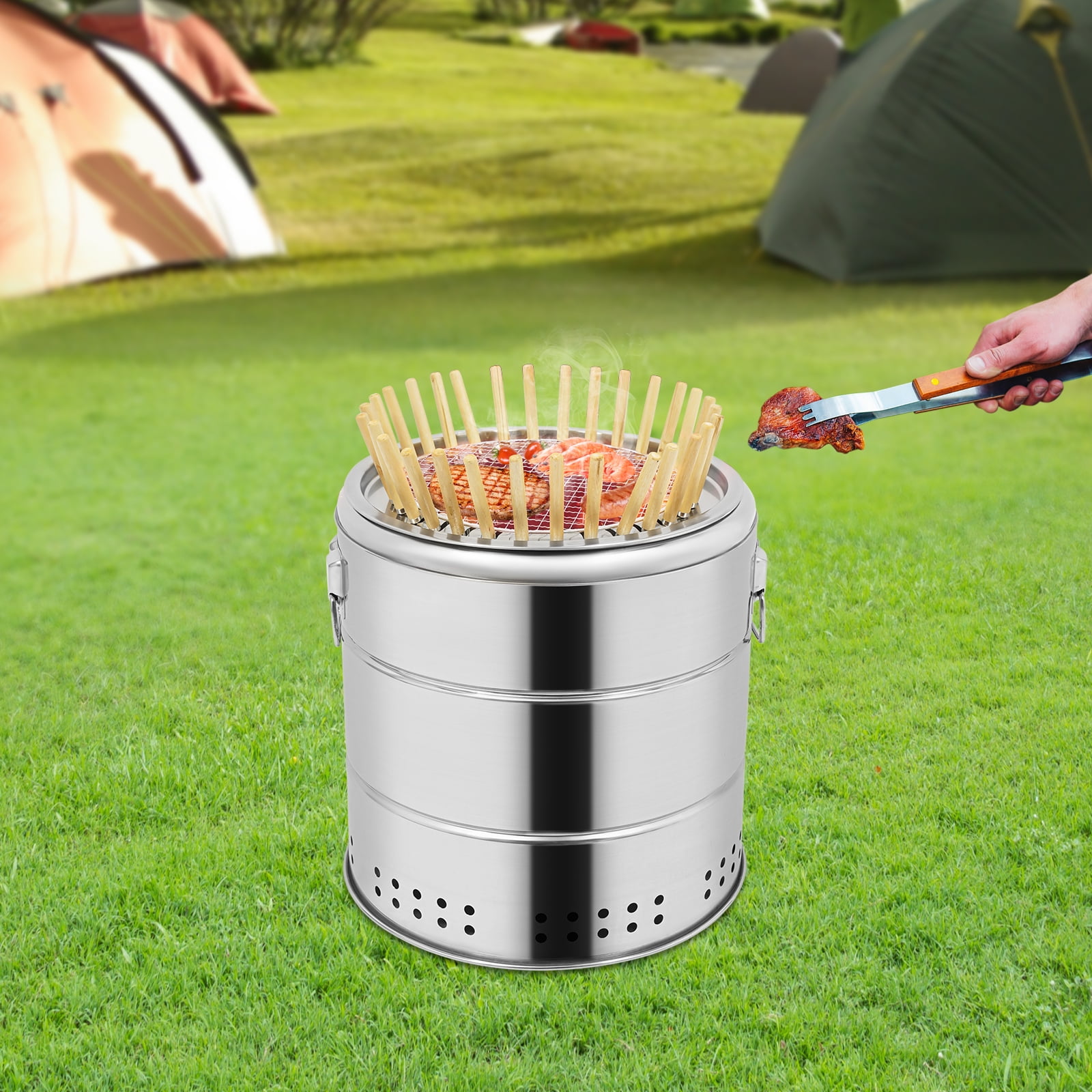 Modern Silver Stainless Steel Surround Charcoal Kebab Grill with 30 Skewers and BBQ Grill Cooking Grate