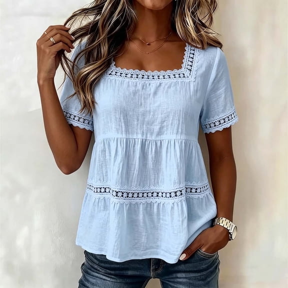 Trikvn Women'S Short Sleeve Shirts Square Neck Lace Peplum Loose Fit Summer Trendy Tops Travel Boho Beach Casual Daily Vacation Solid Tunic Blouses