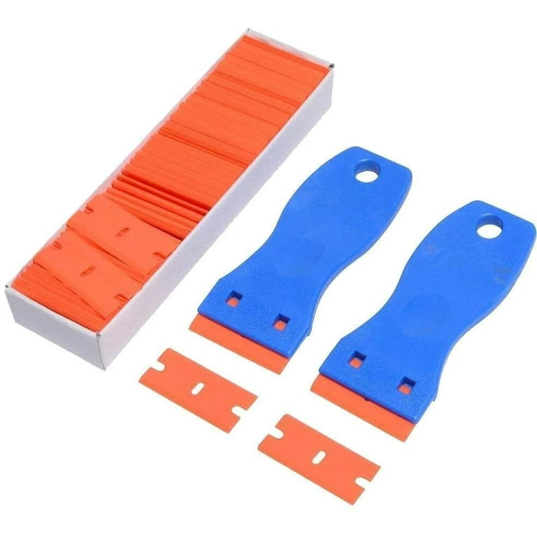 Plastic Razor Blades Scraper Tool - 2 Pack Wall Paint Remover with 100 PCS  Blades Kit No Scratch Car Window Glass Wood Sticker Removal Floor Stove