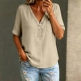 thumbnail image 5 of LIZUOJUN Women's Mid sleeve T-shirt Casual Button Down Washed Cotton LinenMiddle Length Sleeve Tops Casual Button Round Neck Loose Summer Top T Shirt,Beige L, 5 of 6
