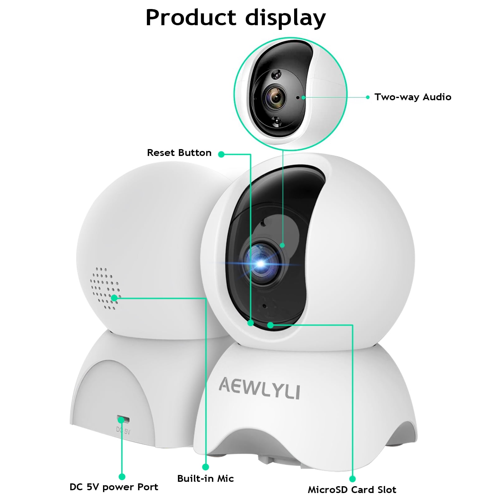 AEWLYLI Baby Monitor Security Camera, 360° 1080P HD WiFi Camera, Night Vision for Baby, Pet Dog and Elderly