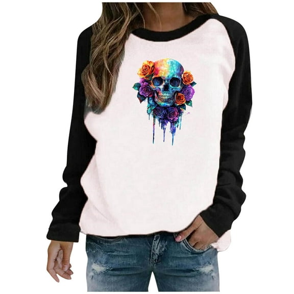 Taqqpue Women Halloween Ghost Sweatshirt Casual Spooky Long Sleeve Shirts Fall Winter T Shirts Loose Fit Crewneck Halloween Pullover Top for Women