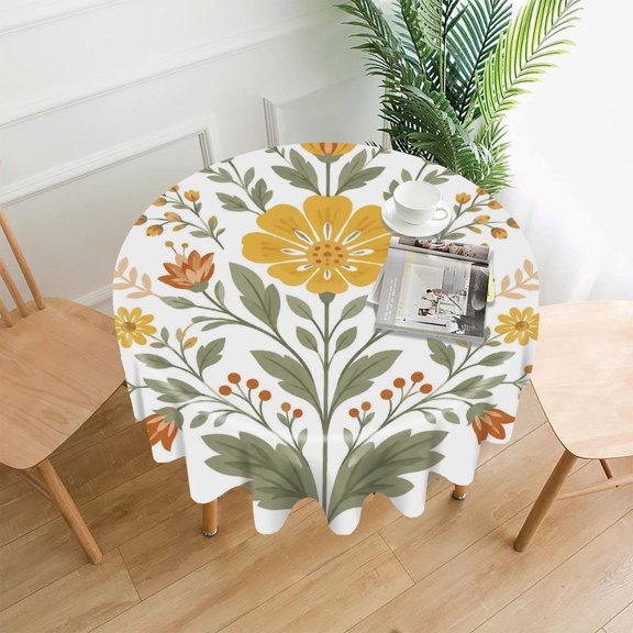 RKSupls 60 Inch Round Tablecloth, Golden Floral Spray Premium Polyester Straight Edge Wrinkle Resistant Washable Table Cover for Party Home Dining Decor