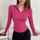thumbnail image 1 of Camisa de manga larga entallada para mujer, estilo otoñal, diseño con cremallera, dobladillo curvo, camiseta irregular, 1 of 6