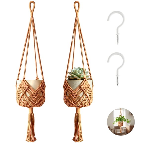 2 Pack Macrame Plant Hangers, 35 in Handwoven Cotton Hanging Planters for Indoor Plants, Boho Pot Holder with Tassels and Installation Hooks for Balcony PorchHome Decor