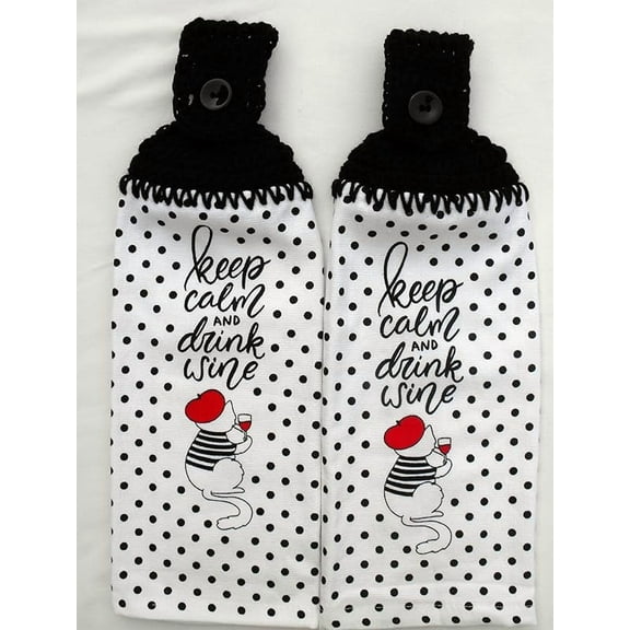WINE KITTY - KEEP CALM AND DRINK WINE - 2 HANDMADE CROCHET TOP HANGING KITCHEN TOWELS