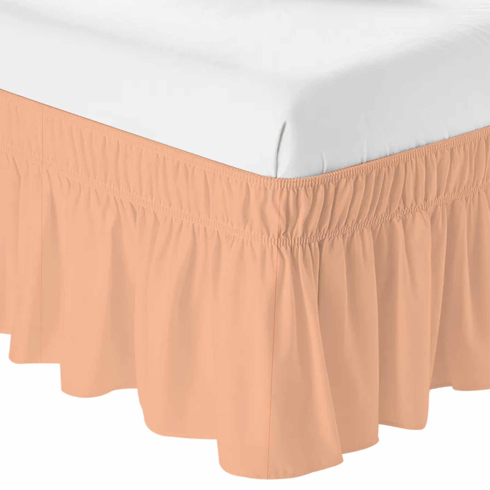 Bed Skirt Peach Fuzz Adjustable Elastic Wrap-Around Dust Ruffle with Coral 16 Inch Drop, Bed Frame Cover for Queen Size Bed