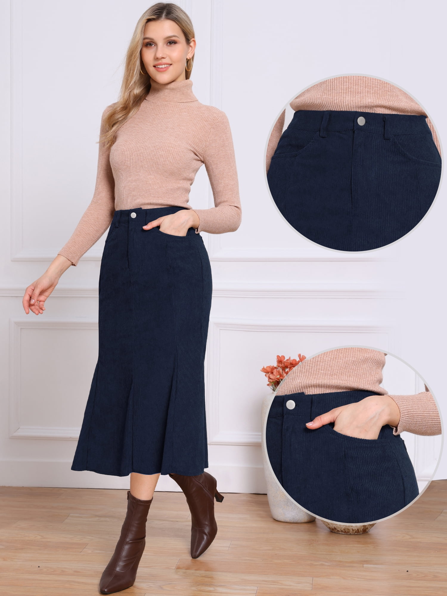 DARING DIVA Women's High Waisted Bodycon Mermaid Skirts L Dark Blue