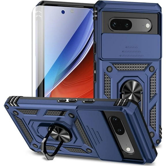 for Google Pixel 7a Case with Slide Camera Cover HD Screen Protector [Military Grade 16ft. Drop Tested] Magnetic Ring Holder Kickstand Protective Phone Case for Google Pixel 7a, Navy Blue