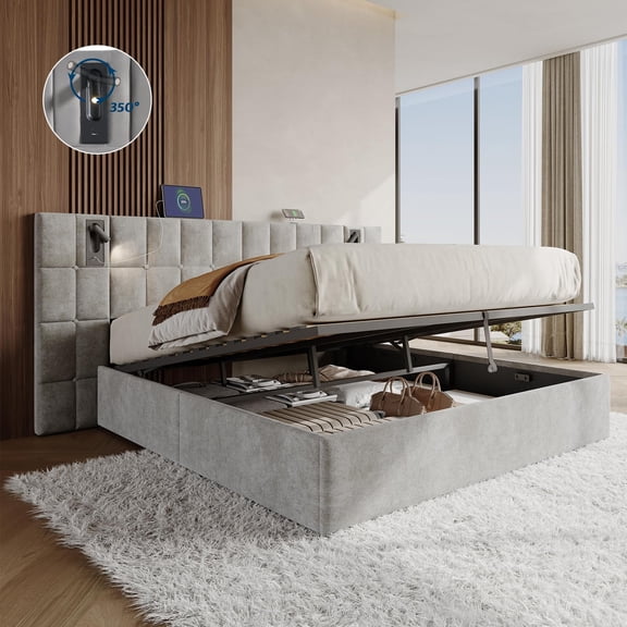 Merluxy King Size Upholstered Bed Frame with Widened Headboard,Lift-Up Storage Bed and Built-In Reading Light, Velvet Platform Frame, Crey