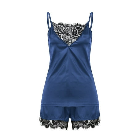 

Women Silk Pajama Set Spaghetti Strap V Neck Cami and Shorts Set