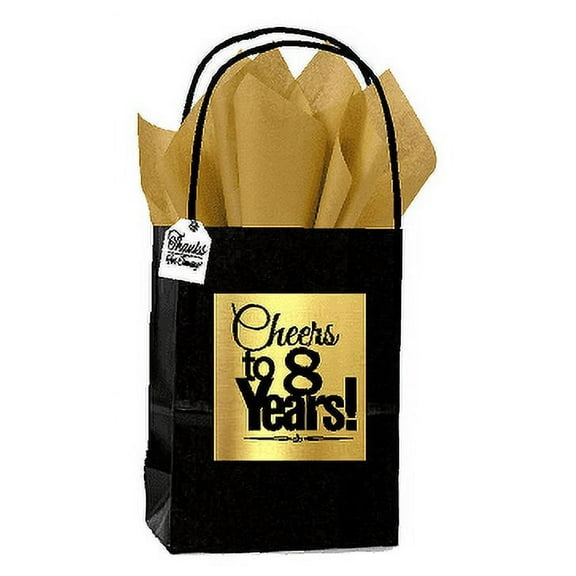 Black & Gold 8th Birthday / Anniversary Cheers Themed Small Party Favor Gift Bags with Tags -12pack