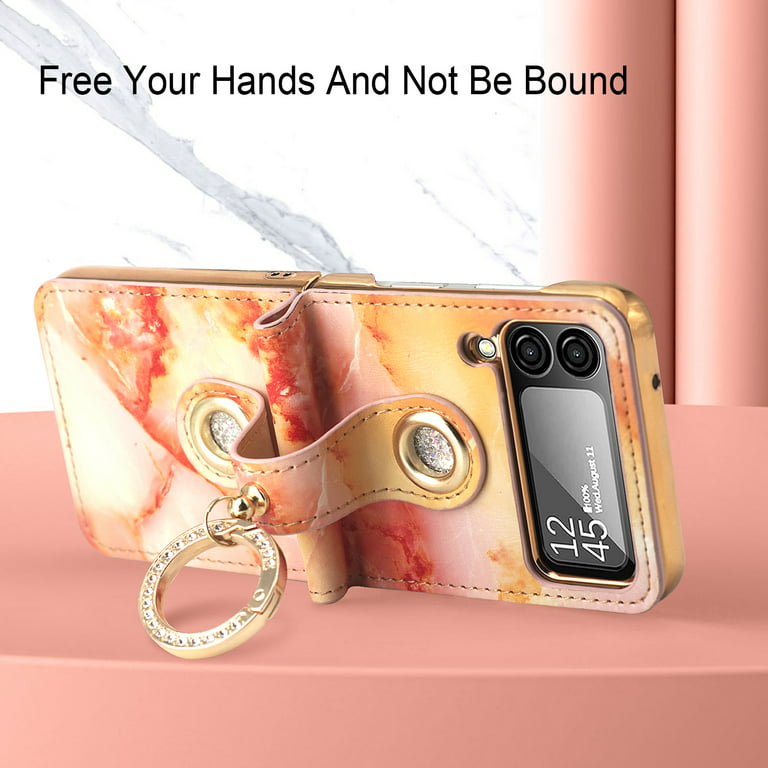 for Samsung Galaxy Z Flip 4 5G Ring Holder Case with Crossbody Lanyard  Luxury 3D Sparkle Crystal Diamond Bling Glitter Cute Slim Leather Phone Case  for Galaxy Z Flip 4 Women Girls