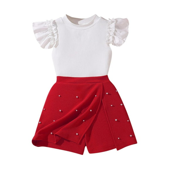 ZACPNCV Girls Summer 2 Piece Outfits Ruffle Cap Sleeve Crewneck Shirts and Skirt Sets 12-13 Years