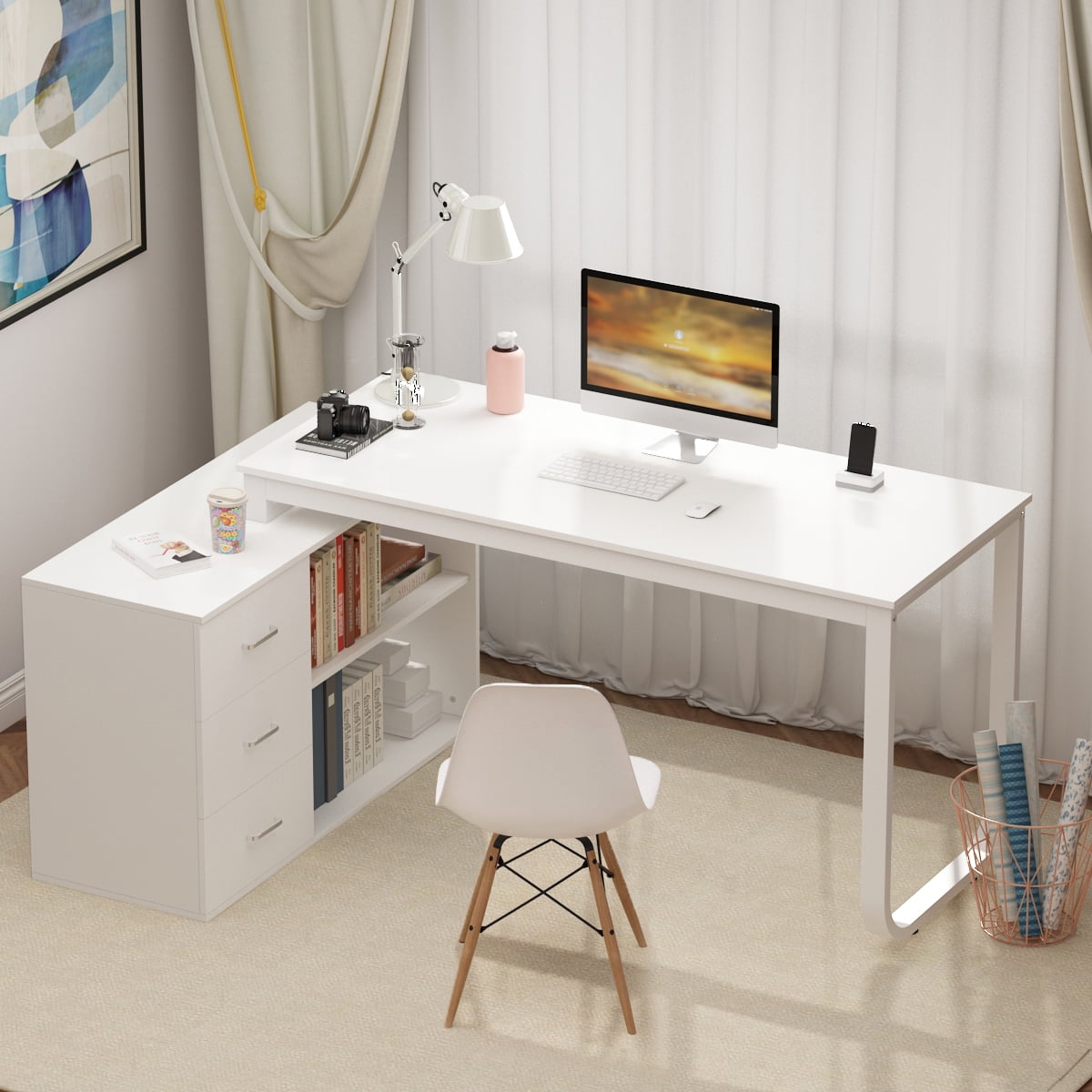 White Corner Desk Modern Laptop Table Storage Drawer Writing Study Workstation 