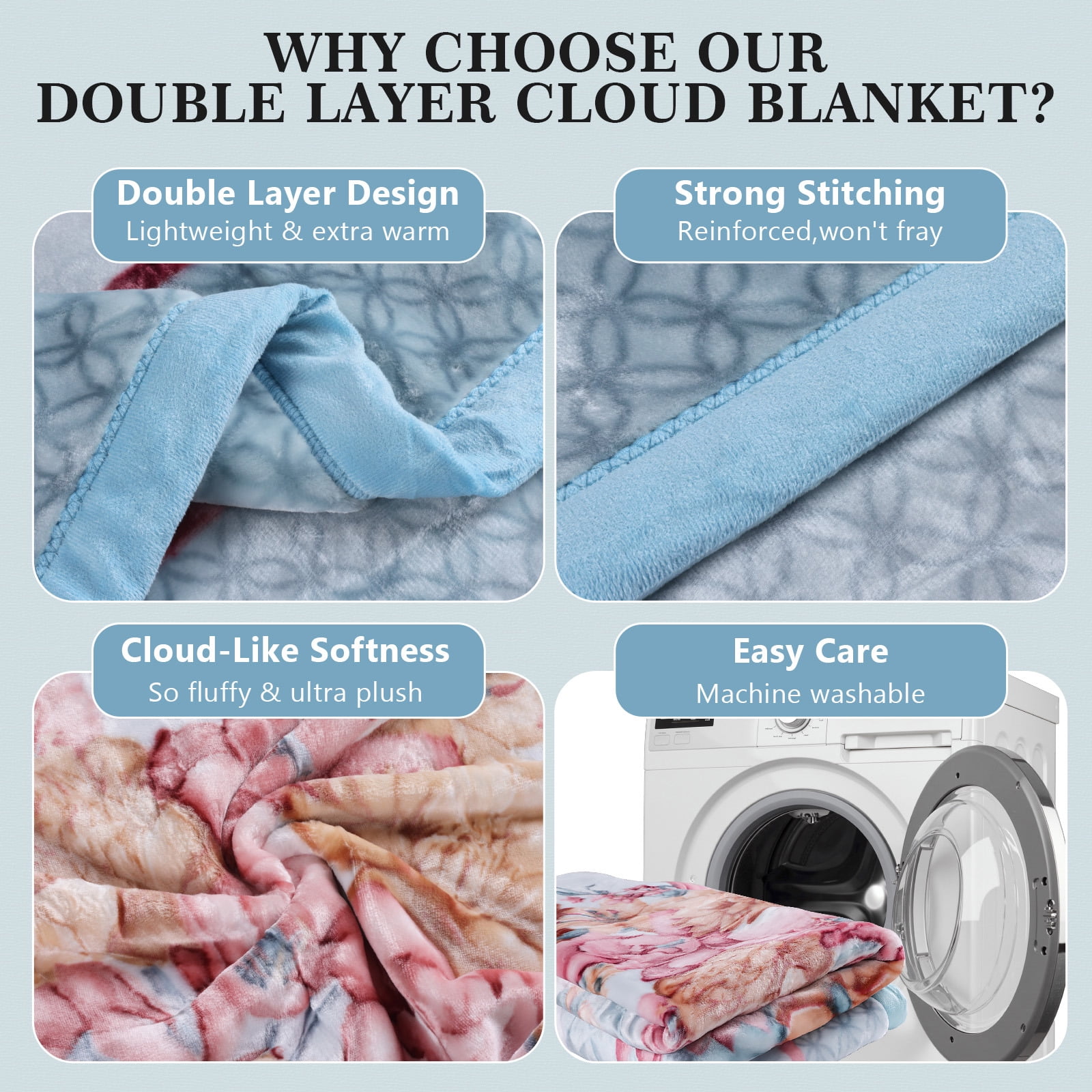 WOOW DEPOT Thick Fleece Twin Bed Blanket Reversible, 1 PCS Peony Flower Printed 59" x 78.7" Soft Warm Mink Blanket Luxurious 4.41 lb Heavy, Blue