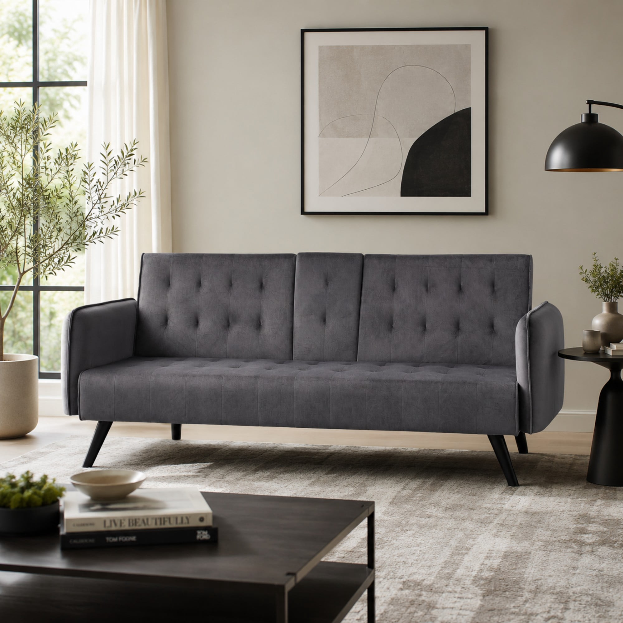 BSHTI 72" Linen Sleeper Sofa Bed with Folding Backrest,Adjustable Back,Drop-Down Table with Cup Holder for Living Room（Dark Gray）