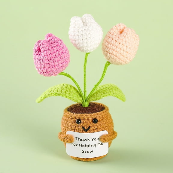 Handmade Emotional Support Tulip Flower Potted Plants, Positive Crochet Doll with Card, Inspirational Small Handmade Knitted, Funny Gifts for Women Men Birthday Friends Coworkers, Office Decor