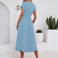 thumbnail image 5 of Women's Summer Solid Color Layered V Neck Batwing Sleeve Waist Pleated Long Elegant Dress Blue S, 5 of 6