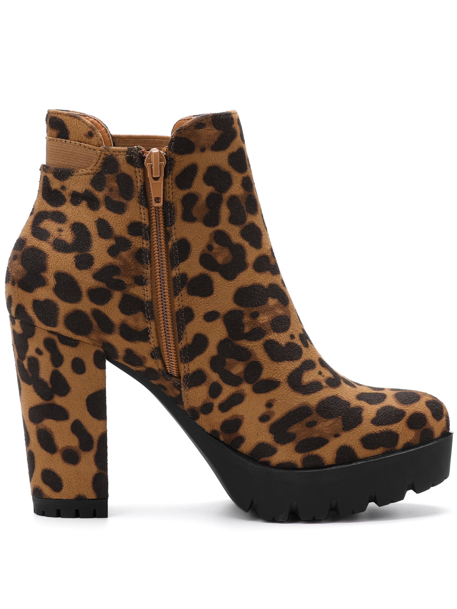 DARING DIVA Chunky High Heel Platform Zipper Chelsea Boots Leopard 7.5
