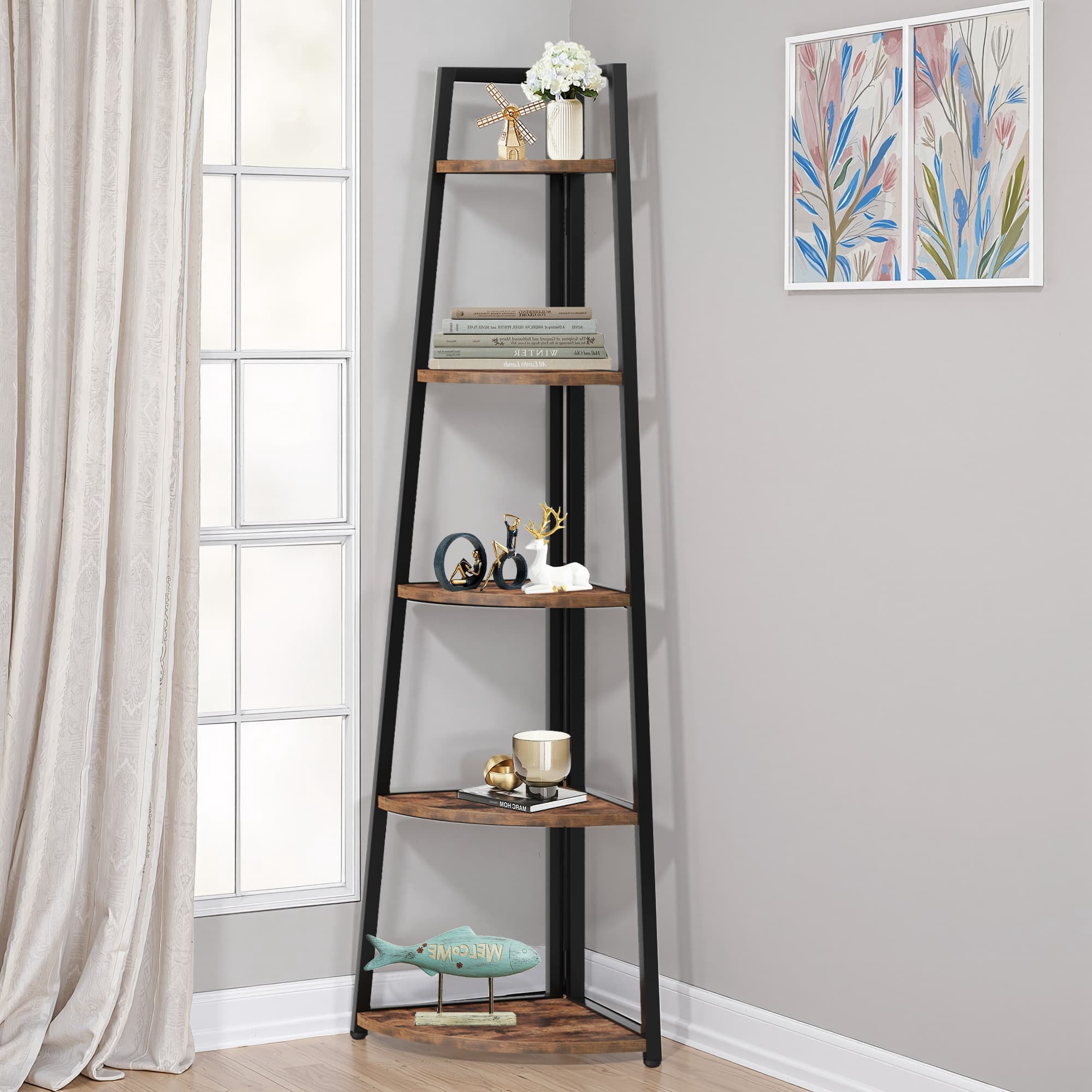MAYEERTY Space-Saving 5-Tier Corner Ladder Bookcase, 70" Tall Storage Organizer for All Corners of Your Home