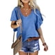 thumbnail image 1 of Blusa informal de un solo color con escote en V para citas, blusa de verano con mangas con volantes para mujer, 1 of 6