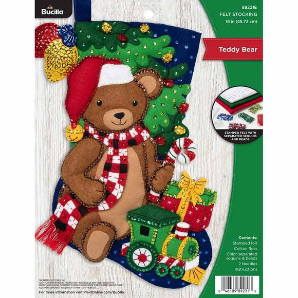 Bucilla Felt Applique DIY Christmas Stocking Kit, 18", Teddy Bear