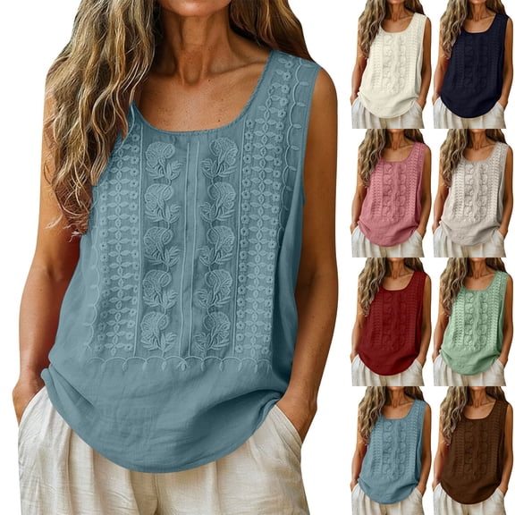 Craaazy Women Sleeveless Blouses Relaxed Fit Solid Color Round Neck Floral Embroidery Tank Tops Soft Linen Blend for Going Out Summer Vacation
