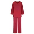 thumbnail image 5 of Yourumao Pants Suit for Women 2 Pieces 2023 Cotton Linen Plus Size Suits Long Sleeve V Neck Tops Solid High Waisted Drawstring Palazzo Pants Sets with Pockets, 5 of 7