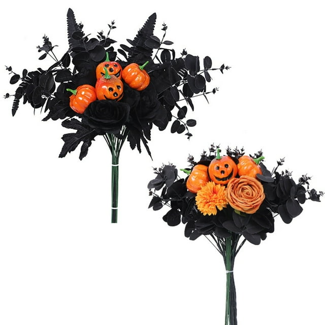 Bouquet de Fleurs d'Halloween Roses et Citrouille Arrangement Floral Noir pour Centre de Table